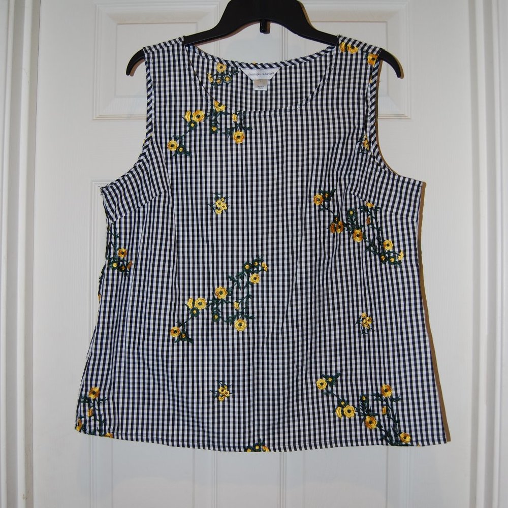 Sleeveless black and white checked top with floral